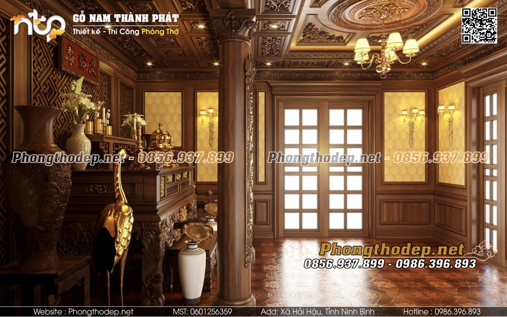 Gỗ tự nhiên được bố trí tinh tế trong phòng thờ gia tiên